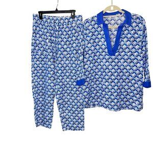 Sigrid Olsen Womens Blouse Pant Set Size Large Blue 3/4 Sleeve Pure Linen New